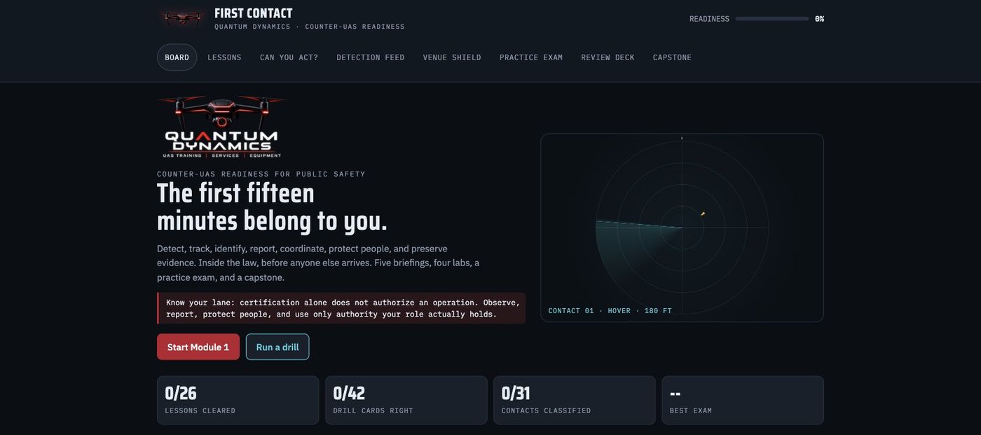 The First Contact training board: The first fifteen minutes belong to you, with readiness tracking, Start Module 1, and Run a drill