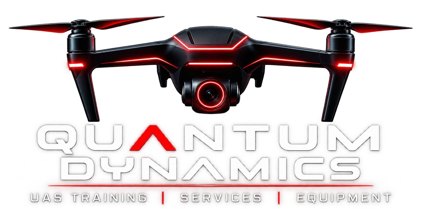 Quantum Dynamics logo: drone mark with the words Quantum Dynamics, UAS Training, Services, Equipment