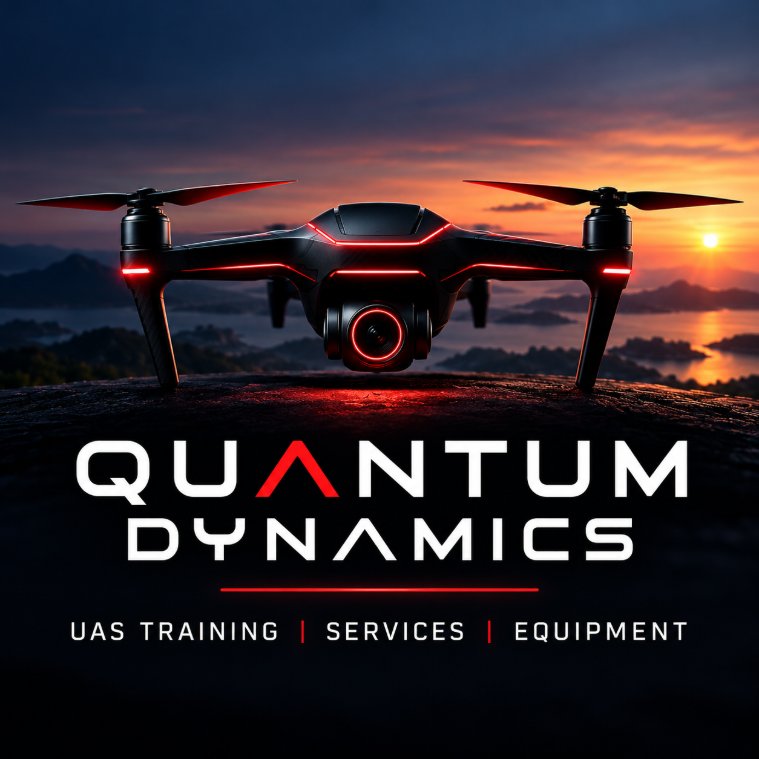 Quantum Dynamics drone artwork hovering over a sunset coastline above the Quantum Dynamics wordmark