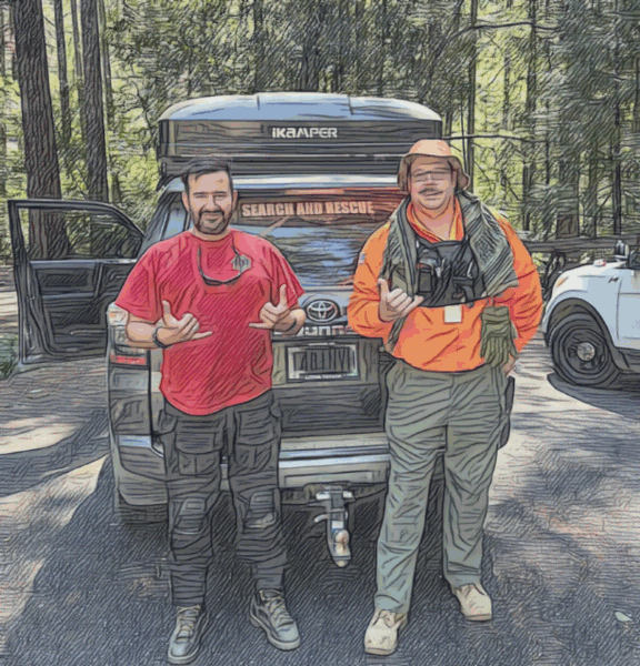 Stylized photo of Sean Holt in orange search and rescue gear with a teammate in front of their SAR truck in the trees, both throwing shaka signs