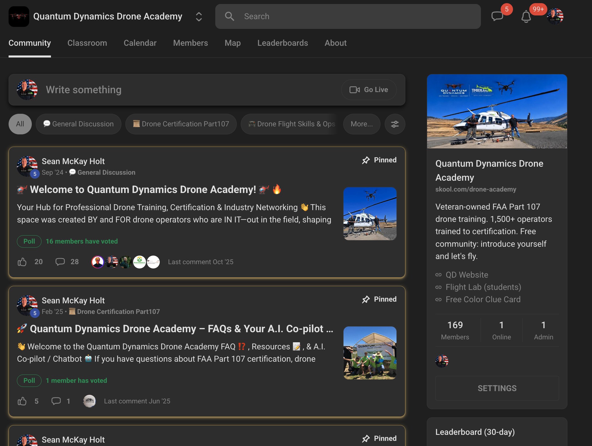 Inside the Quantum Dynamics Drone Academy community on Skool: pinned welcome posts, course categories, and the member sidebar