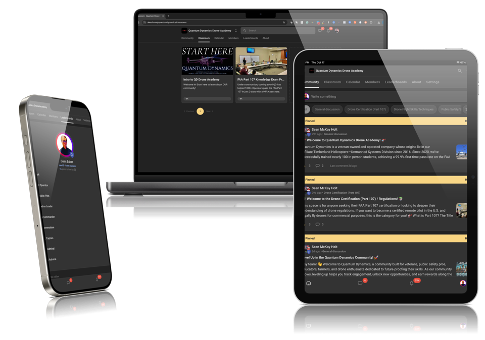 The Quantum Dynamics Drone Academy on Skool, shown across a laptop, tablet, and phone